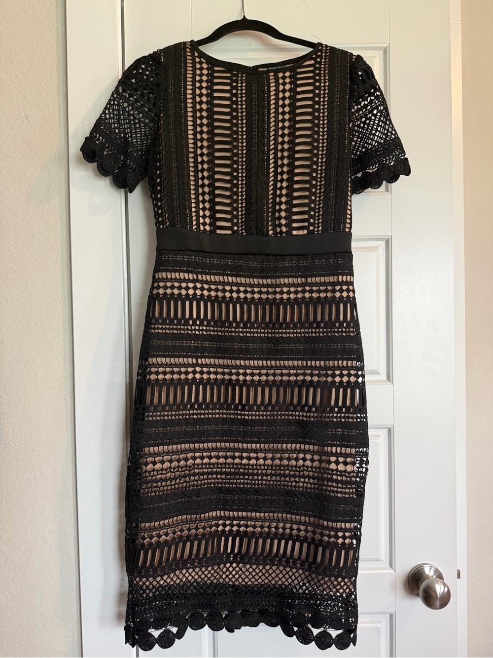 Gabby Skye Black Crochet Lace Midi Dress with Nude Lining